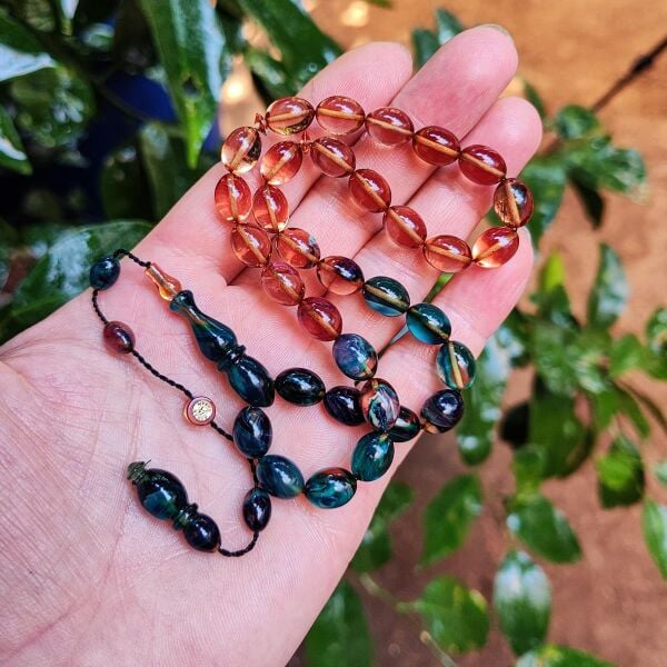 8x11 mm Ayhan Turan Usta İşçilikli Yeşil Şeffaf Süzme Ateşi Kehribar Tesbih