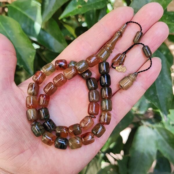 10x9 mm Ali Agiş Usta İşçilikli Renk Cümbüşü Ateşi Kehribar Tesbih - Şeffaf Delim Tespih