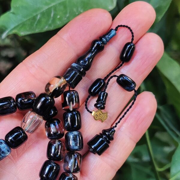 10x9 mm Ali Agiş Usta İşçilikli Siyah Simli Ateşi Kehribar Tesbih - Şeffaf Delim Tespih