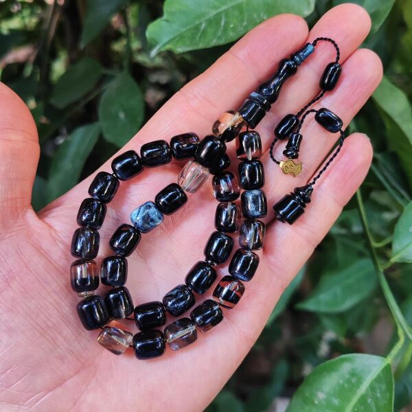 10x9 mm Ali Agiş Usta İşçilikli Siyah Simli Ateşi Kehribar Tesbih - Şeffaf Delim Tespih