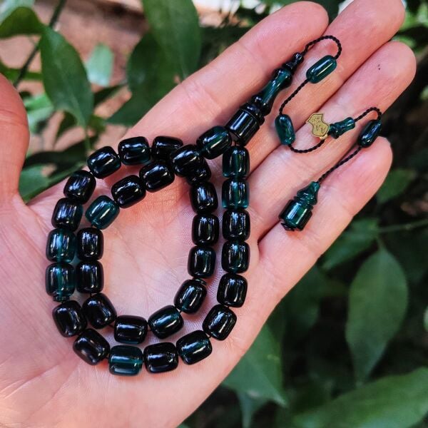 10x9 mm Ali Agiş Usta İşçilikli Petrol Yeşili Ateşi Kehribar Tesbih - Şeffaf Delim Tespih