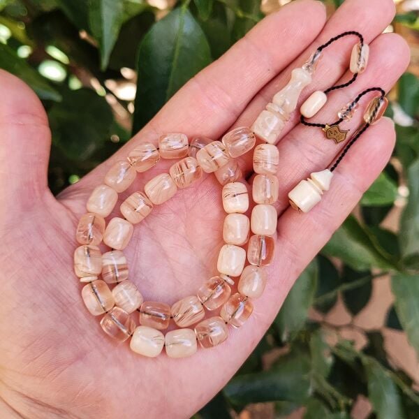 10x9 mm Ali Agiş Usta İşçilikli Beyaz Ateşi Kehribar Tesbih - Şeffaf Delim Tespih