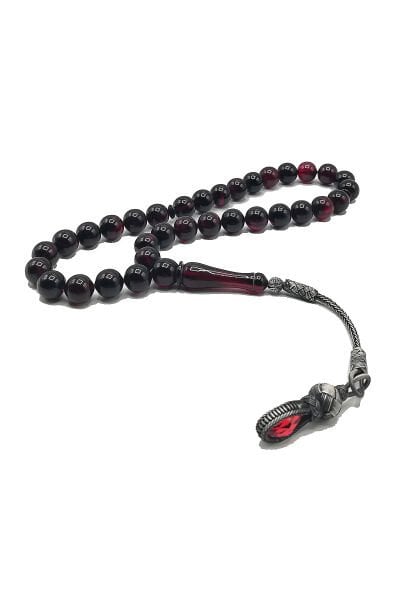 1000 Ayar Gümüş Trabzon Kazaziye Ateşi Kehribar Tesbih Kırmızı Siyah  9 mm Küre Kesim Faris Beydun Tespih Renk Alma Garantili Hediye Kutulu Tespih