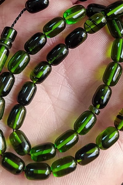 6X9 mm Bürokrat Boy Yeşil Siyah Ateşi Kehribar Tesbih Usta İşçilikli Sıkma Kehribar Diyarbakır Model