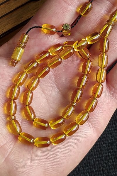 6X9 mm Bürokrat Boy Altın Rengi Ateşi Kehribar Tesbih - Usta İşçilikli Diyarbakır Model Tespih