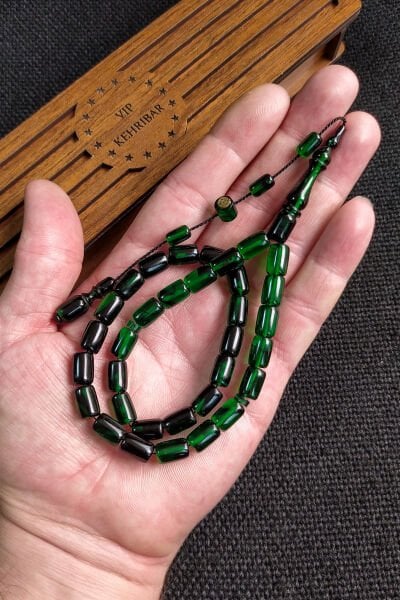 İmzalı 7X11 mm Yeşil Siyah Ateşi Kehribar Tesbih - Usta İşçilikli Sıkma Kehribar - Hediye Tespih