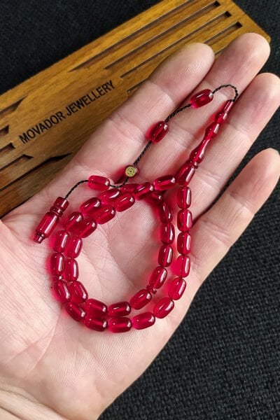 6X9 mm Bürokrat Boy Kırmızı Ateşi Kehribar Tesbih - Usta İşçilikli Sıkma Kehribar - Diyarbakır Model