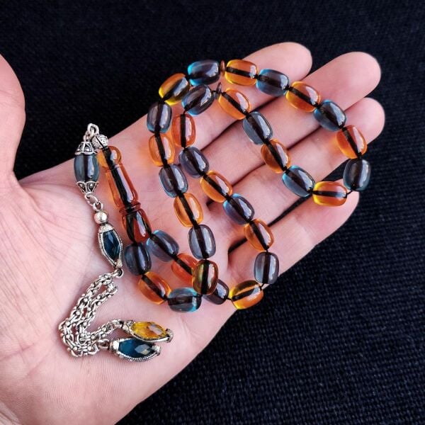 Kişiye Özel 9x12 mm Sarı Lacivert Ateşi Kehribar Tesbih | Taraftar Tesbih