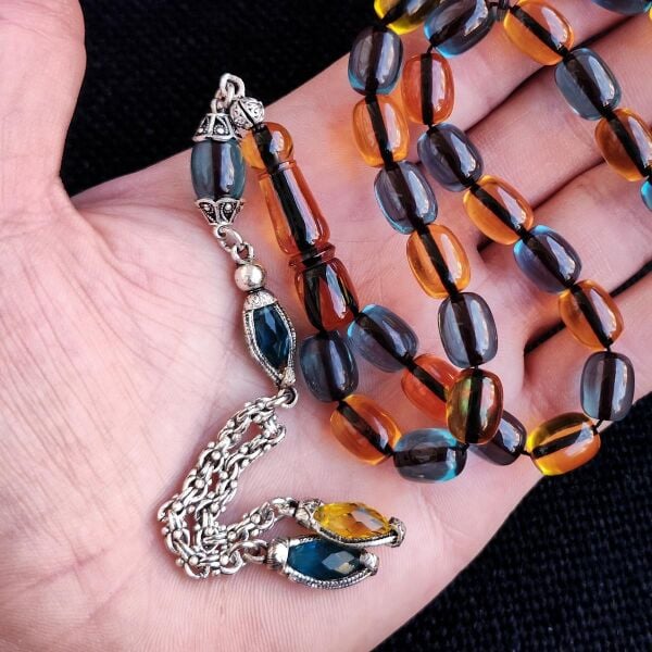 Kişiye Özel 9x12 mm Sarı Lacivert Ateşi Kehribar Tesbih | Taraftar Tesbih