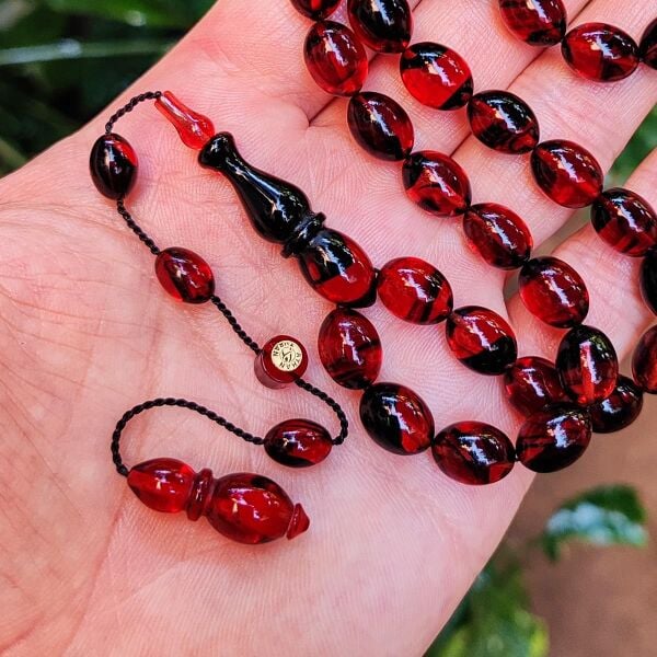 8x11 mm Ayhan Turan Usta İşçilikli Kırmızı Siyah Ateşi Kehribar Tesbih