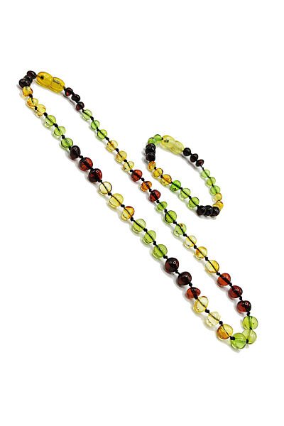 Yedek Klips Hediyeli Sertifikalı Kehribar Kolye Bileklik Seti Yeşil Multi Bebek Diş Kolyesi 0-6 Yaş