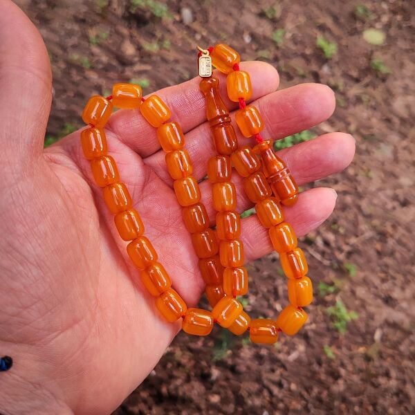 9x10 mm Mişmişi Dik Damar Çubuk Sıkma Kehribar Tesbih | Ebu Sırr Usta İmzalı Tespih