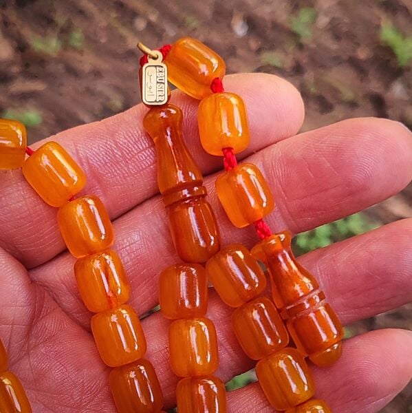 9x10 mm Mişmişi Dik Damar Çubuk Sıkma Kehribar Tesbih | Ebu Sırr Usta İmzalı Tespih