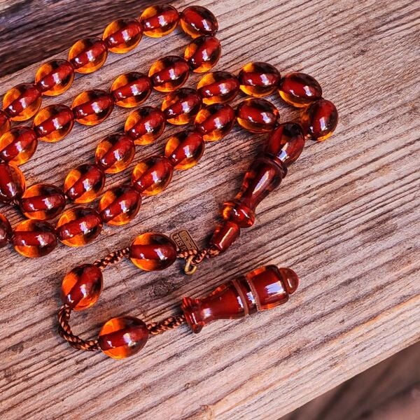 9x10 mm Kahverengi Çubuk Sıkma Kehribar Tesbih | Ebu Sırr Usta İmzalı Tespih