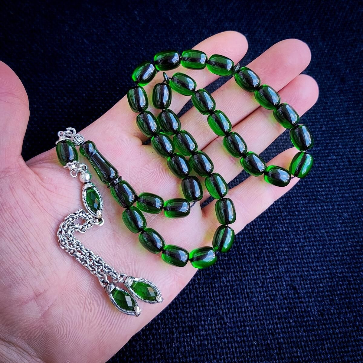 Kişiye Özel 9x12 mm Zümrüt Yeşili Ateşi Kehribar Tesbih | Taraftar Tesbih