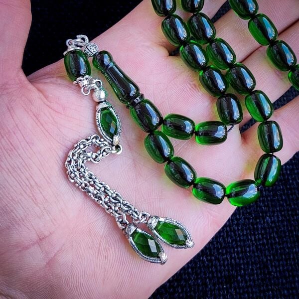 Kişiye Özel 9x12 mm Zümrüt Yeşili Ateşi Kehribar Tesbih | Taraftar Tesbih