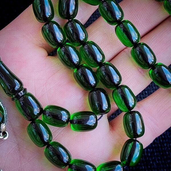 Kişiye Özel 9x12 mm Zümrüt Yeşili Ateşi Kehribar Tesbih | Taraftar Tesbih