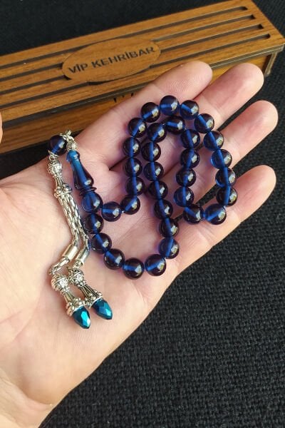 Özel Mesajlı Mavi Ateşi Kehribar Tesbih-925 Ayar Gümüş Kaplama Yılangözü Püskül-Ahşap Kutulu Tespih