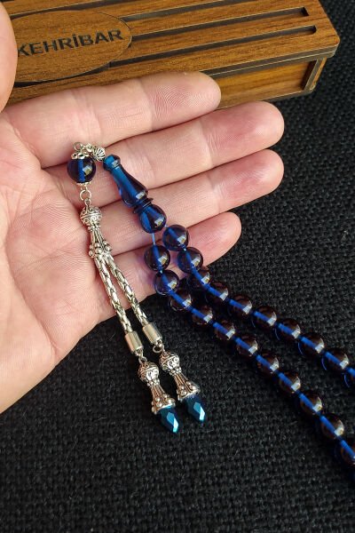 Özel Mesajlı Mavi Ateşi Kehribar Tesbih-925 Ayar Gümüş Kaplama Yılangözü Püskül-Ahşap Kutulu Tespih