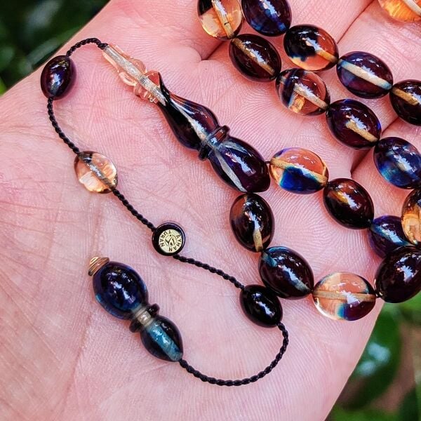 8x11 mm Ayhan Turan Usta İşçilikli Lacivert Şeffaf Ateşi Kehribar Tesbih