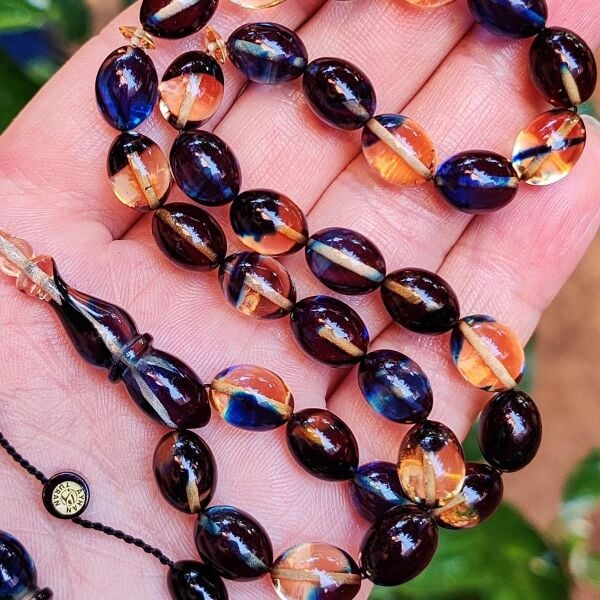 8x11 mm Ayhan Turan Usta İşçilikli Lacivert Şeffaf Ateşi Kehribar Tesbih