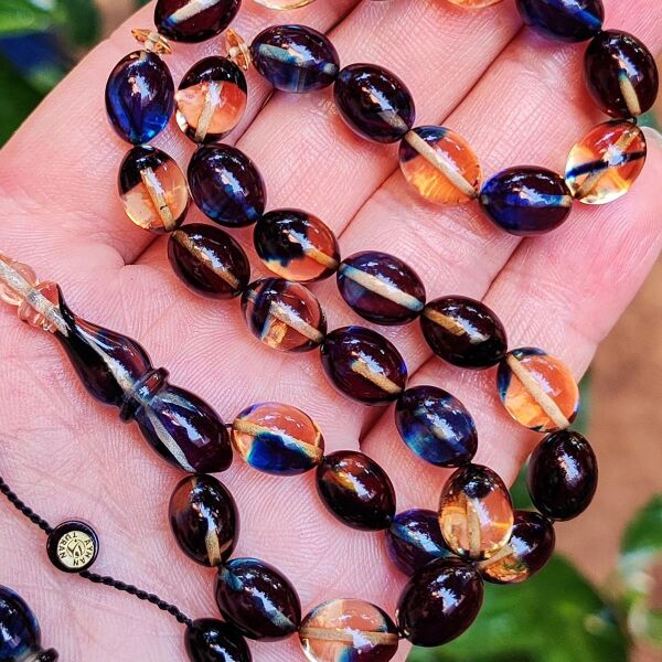 8x11 mm Ayhan Turan Usta İşçilikli Lacivert Şeffaf Ateşi Kehribar Tesbih