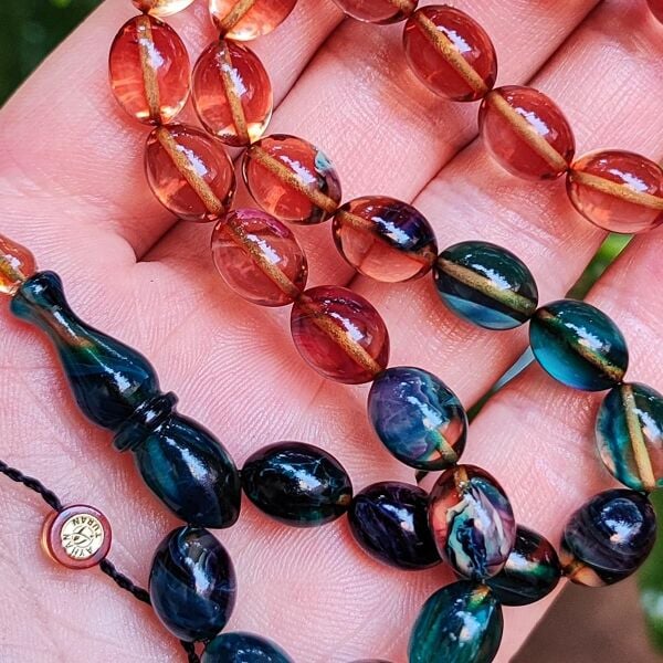 8x11 mm Ayhan Turan Usta İşçilikli Yeşil Şeffaf Süzme Ateşi Kehribar Tesbih