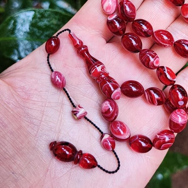 8x11 mm Ayhan Turan Usta İşçilikli Kırmızı Beyaz Ateşi Kehribar Tesbih