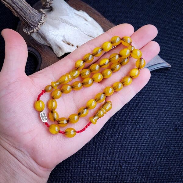 9x11 mm Helezon Hareli Çubuk Sıkma Kehribar Tesbih - Movador İmzalı