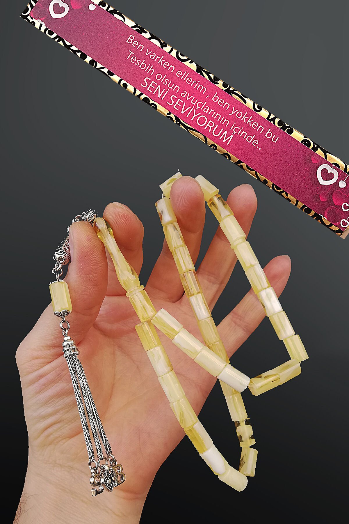 Sevgililer Gününe Özel Beyrut Toz Kehribar Tesbih 2 Baş Harfli Özel Kutulu Tespih Sevgiliye Özel