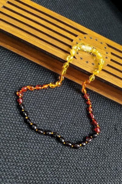 Sertifikalı Yassı Gökkuşağı Kehribar Kolye Kız Erkek Bebek Diş Kolyesi 4-7 Yaş 35 cm Çocuk Kolyesi