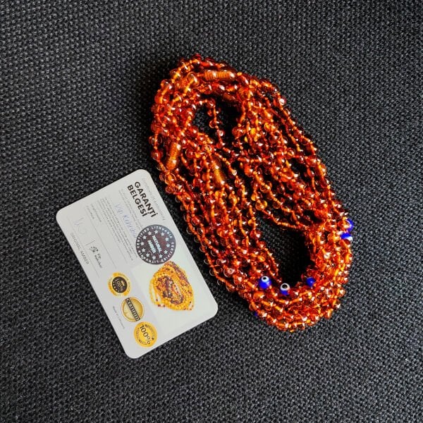 5.5 Gram Nazar Boncuklu Konyak Rengi Kehribar Bebek Diş Kolyesi