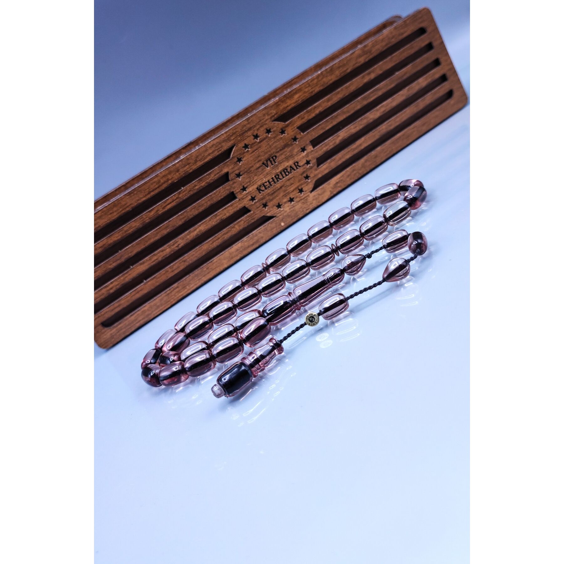 8x12 mm Şeffaf Su Rengi Zar Kehribar Tesbih - Enes Abdo Usta İmzalı Tespih