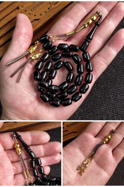 7*11 mm Siyah Ateşi Kehribar Tesbih Kişiselleştirilebilir İsme Özel Kehribar Tespih Ahşap Kutulu