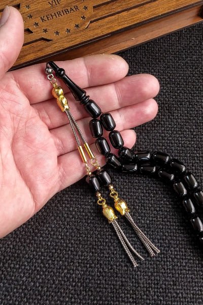 7*11 mm Siyah Ateşi Kehribar Tesbih Kişiselleştirilebilir İsme Özel Kehribar Tespih Ahşap Kutulu