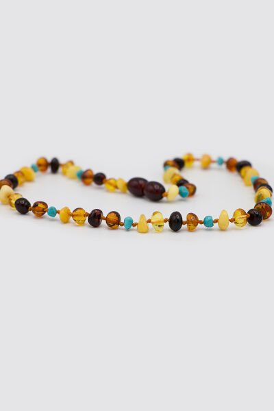 Sertifikalı Orjinal Baltık Kehribar Bebek Diş Kolyesi Litvanya Bandrollü Multicolor  Turkuaz Doğaltaşlı Kehribar Kolye Kız Erkek Çocuk Kolyesi 33 cm Standart