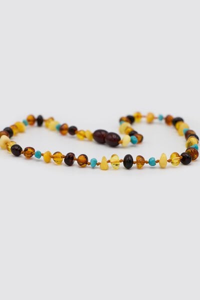 Sertifikalı Orjinal Baltık Kehribar Bebek Diş Kolyesi Litvanya Bandrollü Multicolor  Turkuaz Doğaltaşlı Kehribar Kolye Kız Erkek Çocuk Kolyesi 33 cm Standart