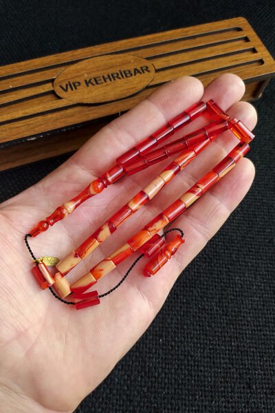5,5x10 mm Kesme Ateşi Kehribar Tesbih Ayhan Turan Usta İşçilikli İmzalı Sistemli Tespih Ahşap Kutulu