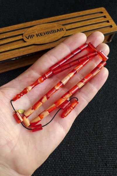 5,5x10 mm Kesme Ateşi Kehribar Tesbih Ayhan Turan Usta İşçilikli İmzalı Sistemli Tespih Ahşap Kutulu