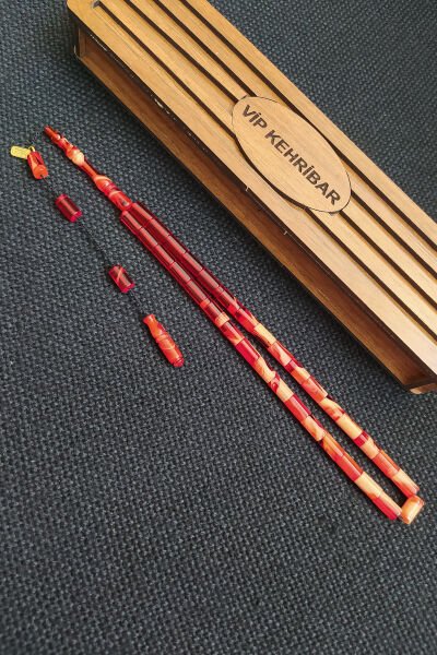 5,5x10 mm Kesme Ateşi Kehribar Tesbih Ayhan Turan Usta İşçilikli İmzalı Sistemli Tespih Ahşap Kutulu