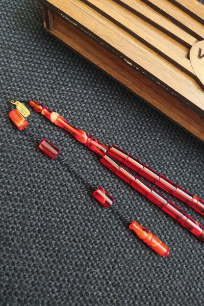 5,5x10 mm Kesme Ateşi Kehribar Tesbih Ayhan Turan Usta İşçilikli İmzalı Sistemli Tespih Ahşap Kutulu