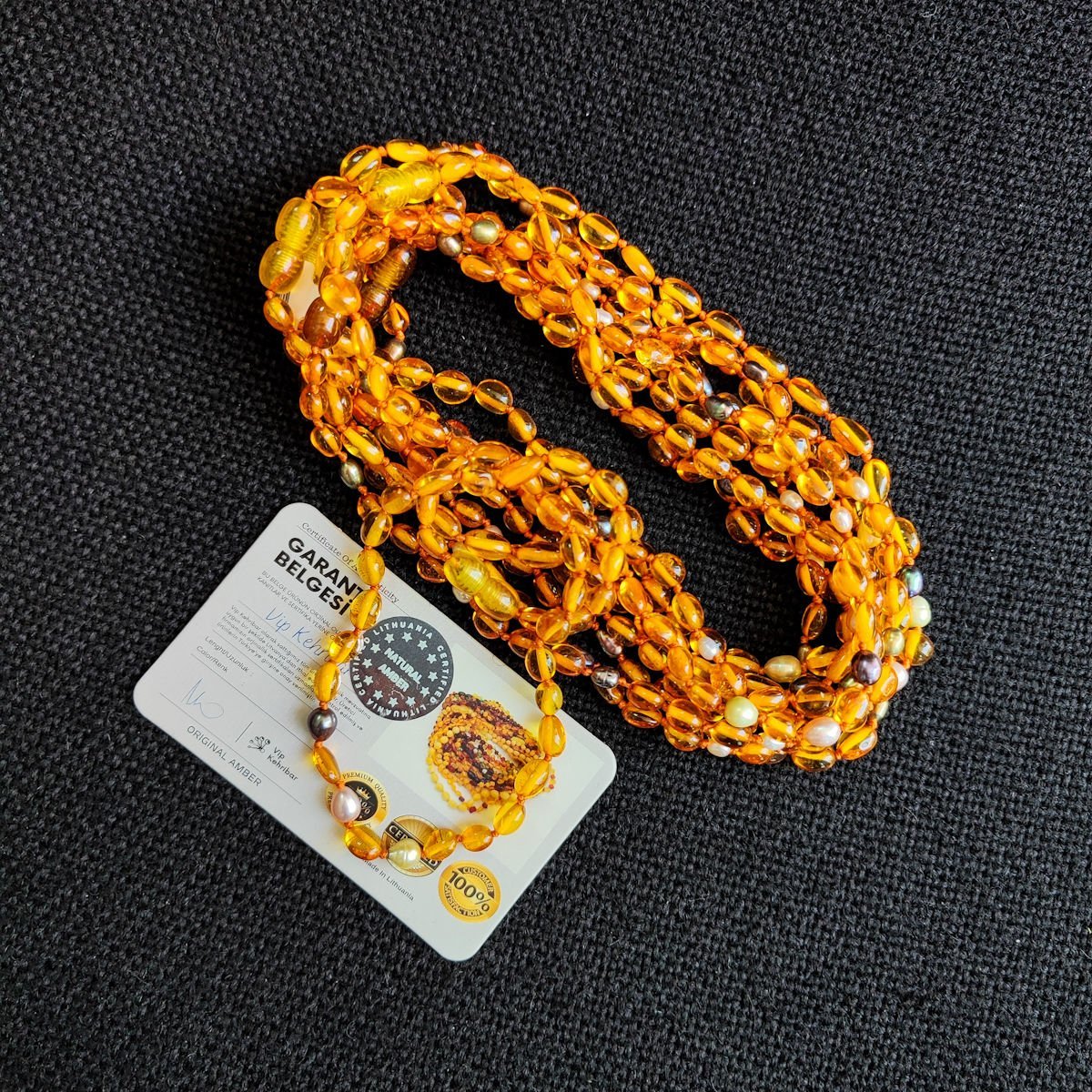 5 Gram İncili Yassı Bal Rengi Kehribar Bebek Diş Kolyesi