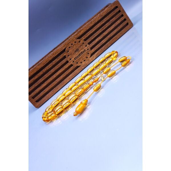 7x12 mm Altın Rengi Zar Kehribar Tesbih - Ebu Sırr Usta İmzalı Tespih - Ahşap Kutulu Hediyelik