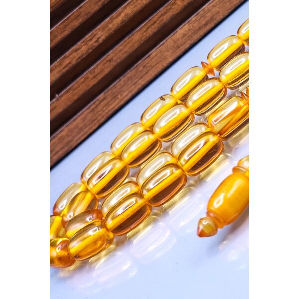 7x12 mm Altın Rengi Zar Kehribar Tesbih - Ebu Sırr Usta İmzalı Tespih - Ahşap Kutulu Hediyelik