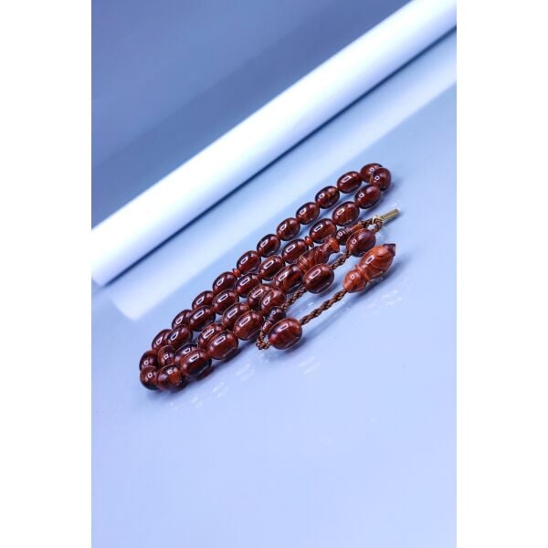 8x11 mm Kahverengi Hareli Sıkma Kehribar Tesbih - Ebu Sırr Usta İmzalı Tespih - Ahşap Kutulu