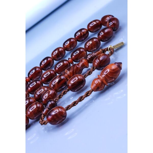 8x11 mm Kahverengi Hareli Sıkma Kehribar Tesbih - Ebu Sırr Usta İmzalı Tespih - Ahşap Kutulu