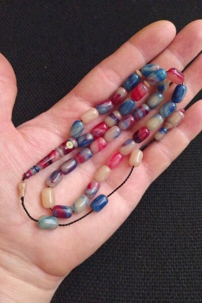 Fares Baydoun Usta İşçilikli Mavi Kırmızı Katalin Tesbih Ahşap Kutulu Püskül Hediyeli Tespih