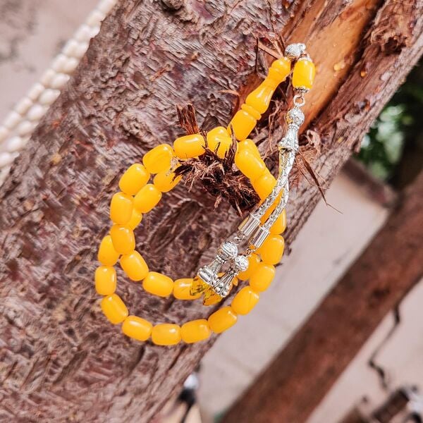 8*11 mm Kapsül Sarı Hareli Sıkma Kehribar Tesbih Erkek Hediyelik Tespih Ahşap Kutulu