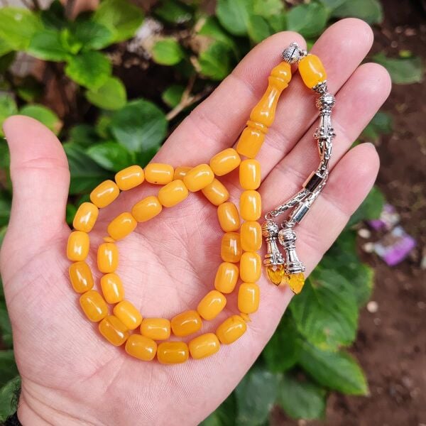 8*11 mm Kapsül Sarı Hareli Sıkma Kehribar Tesbih Erkek Hediyelik Tespih Ahşap Kutulu