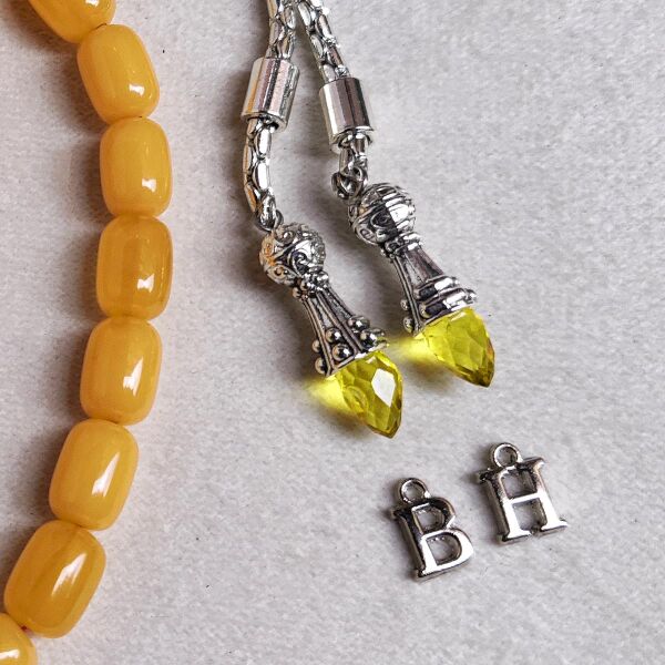 8*11 mm Kapsül Sarı Hareli Sıkma Kehribar Tesbih Erkek Hediyelik Tespih Ahşap Kutulu